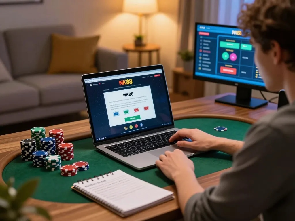Engaging online poker gameplay showing the NK88 link interface with a player strategizing bets at home.
