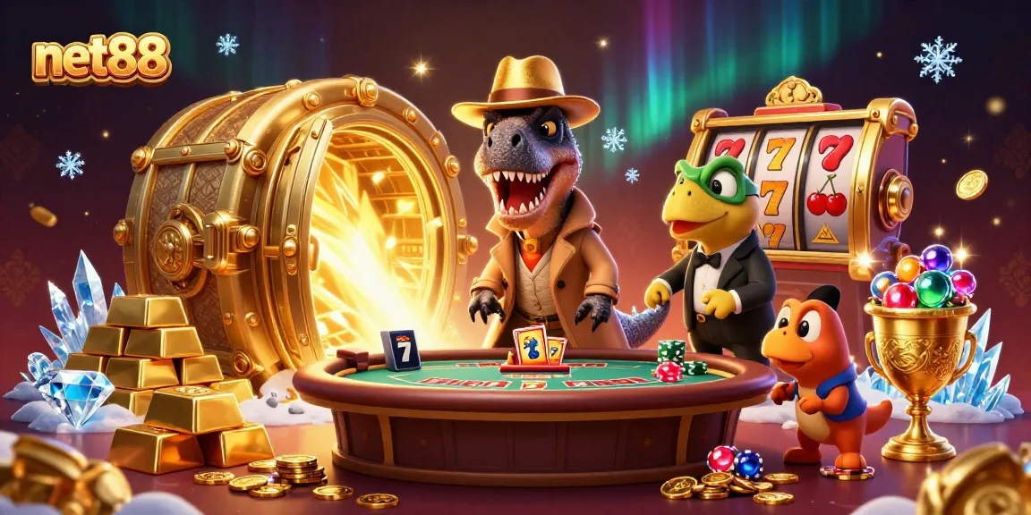 Experience the thrill of gambling with net88, featuring vibrant characters around a blackjack table.