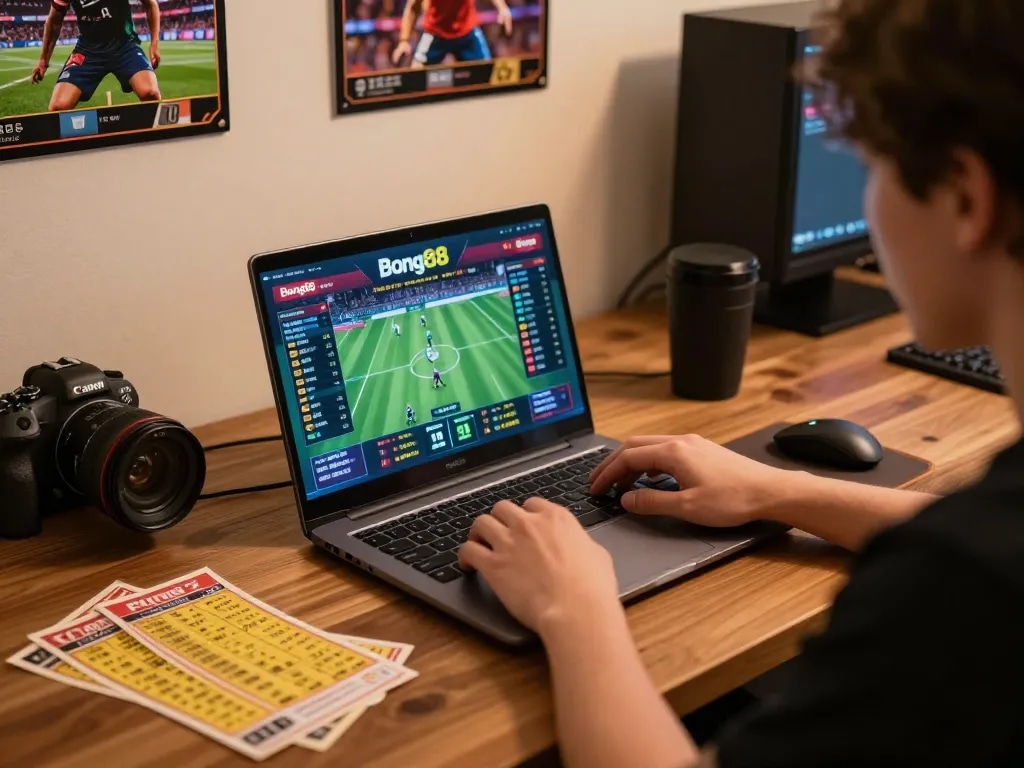 Bong88 user actively placing sports bets on laptop amidst vibrant gaming setup.