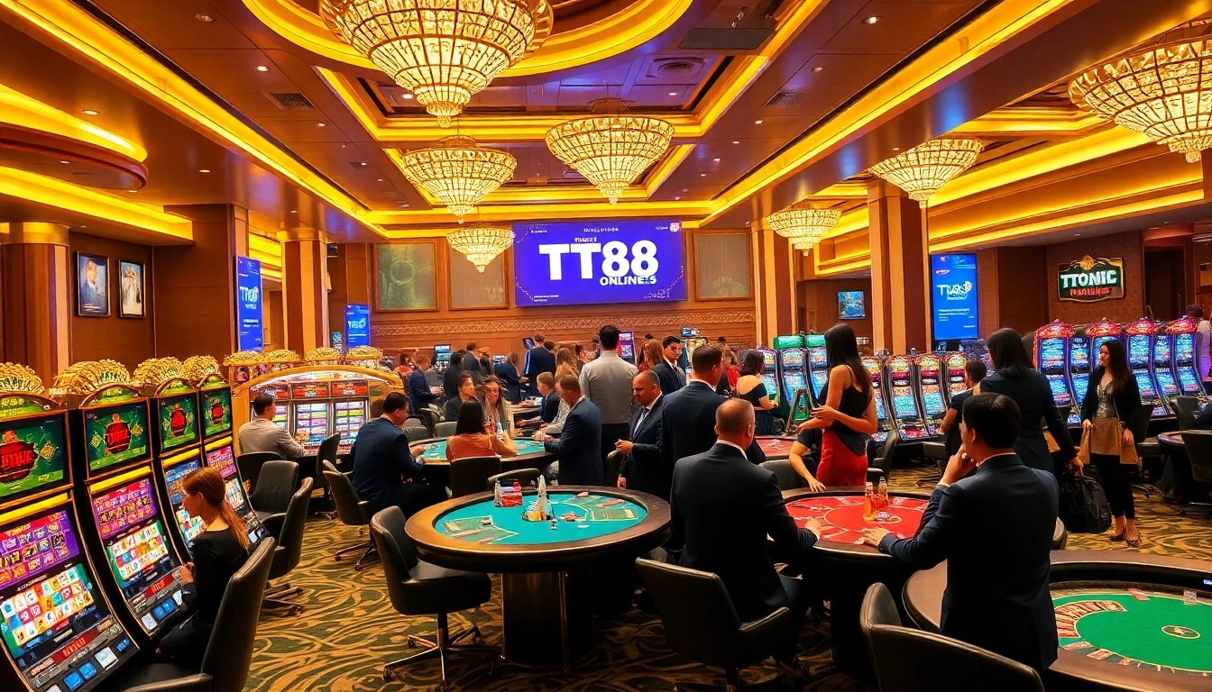 Players engaging in high-stakes gaming action at TT88A's luxurious casino floor.