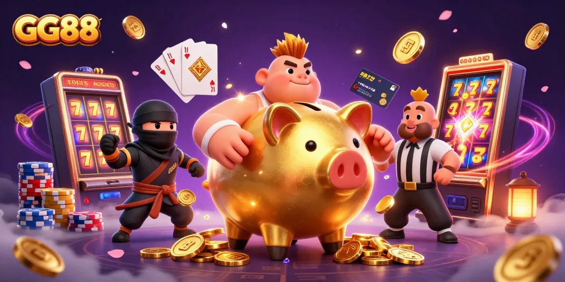 Experience excitement with GG88's vibrant casino scene featuring dynamic characters and lively slot elements.