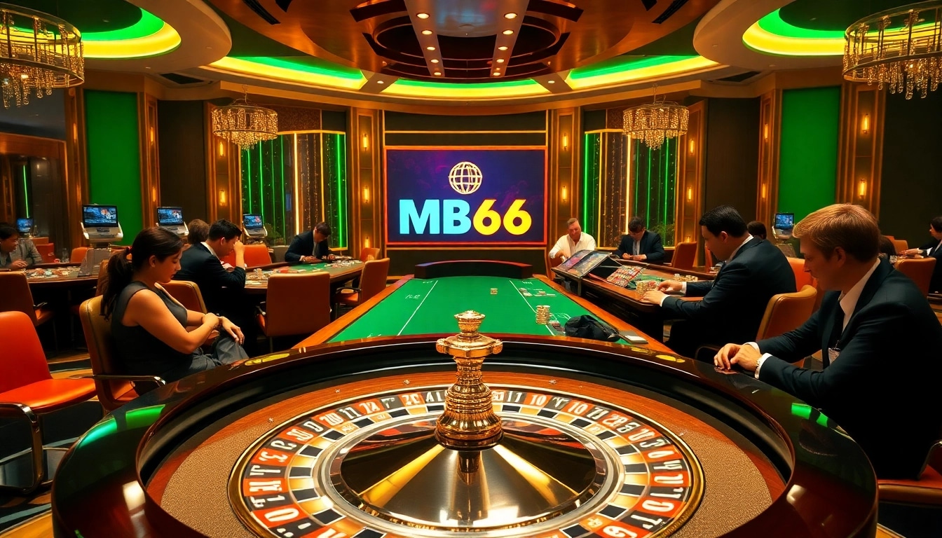 Exciting gameplay at trang chủ MB66 with players at a vibrant roulette wheel and poker table.