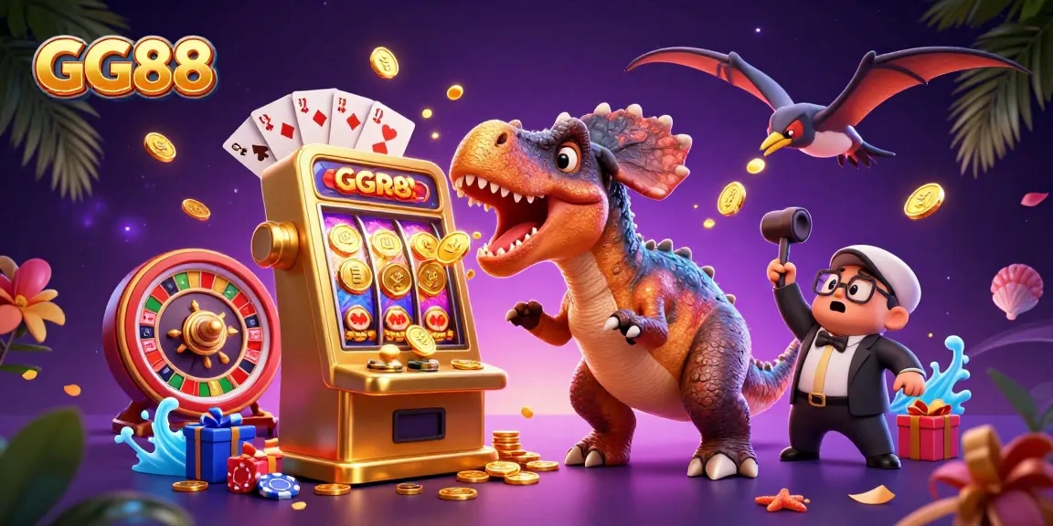 Experience GG88 as a pachycephalosaurus wins big at a slot machine while chaos erupts!