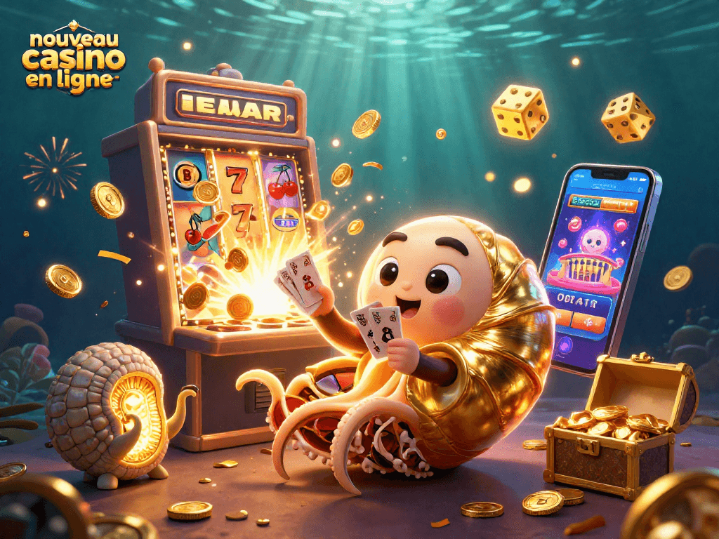Visualisez l'excitation d'un nouveau casino en ligne avec un nautilus géant tenant des cartes et entouré de machines à sous.