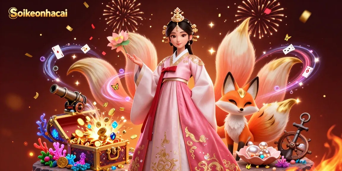 Engaging scene of soikeonhacai featuring a graceful Asian woman and lucky fox amidst vibrant casino elements.