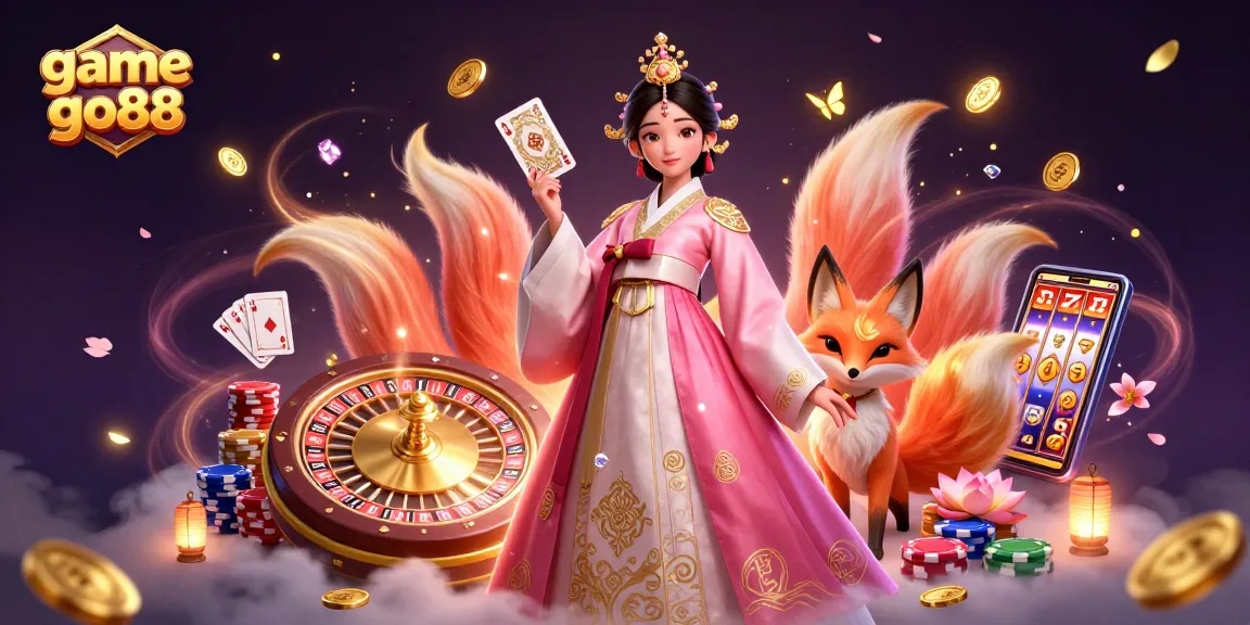 Experience the game go88 with exciting animations including golden coins, a lucky fox, and a graceful character.