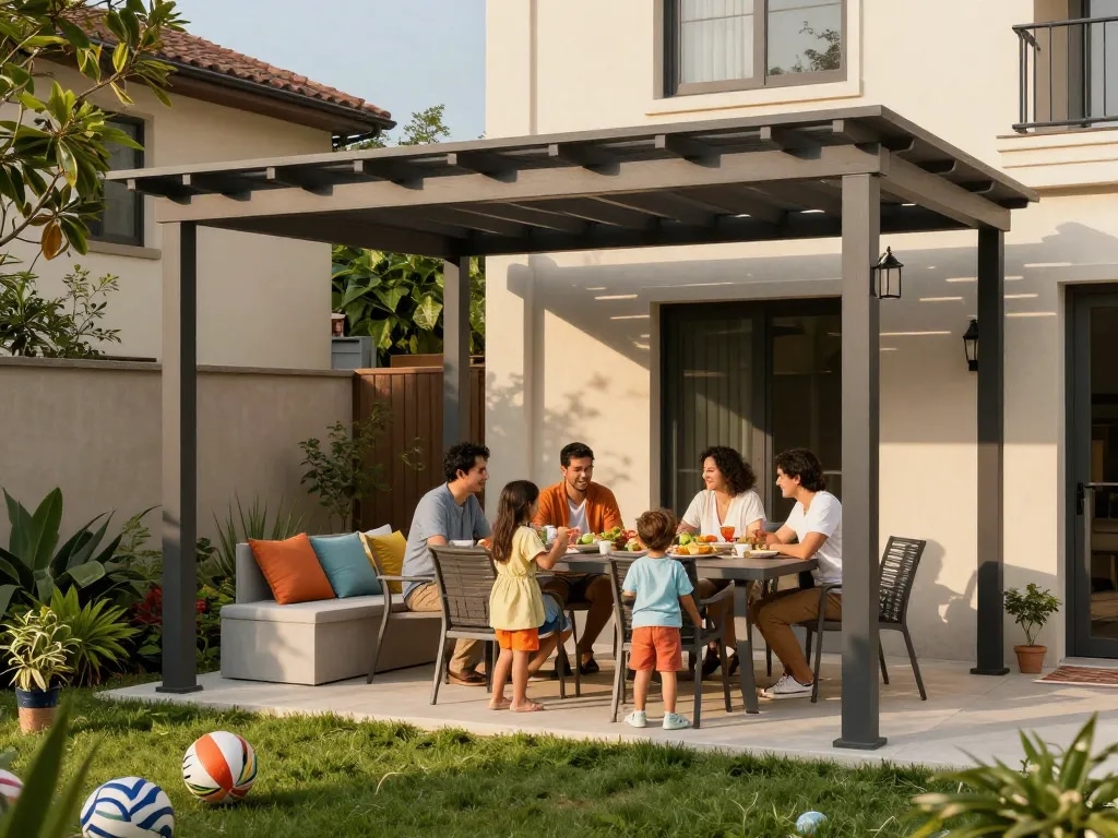 Family enjoying a meal under a beautifully designed pergola, showcasing the benefits of pergola configurator software.