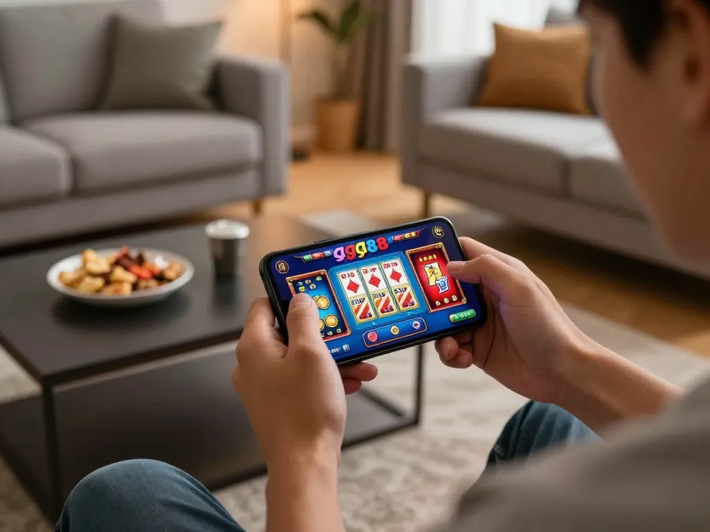 Experience the excitement of online gambling with gg88 on your smartphone in a cozy home setting.