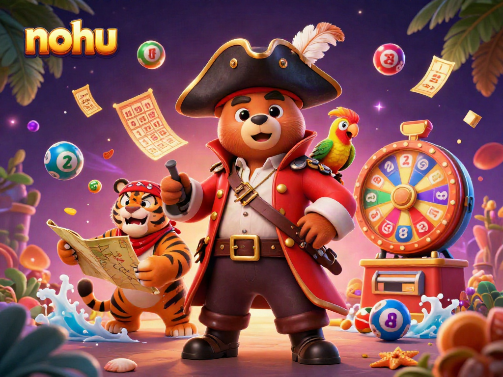 Nohu's vibrant and dynamic illustration showcases a pirate bear and tiger amidst animated lottery elements.