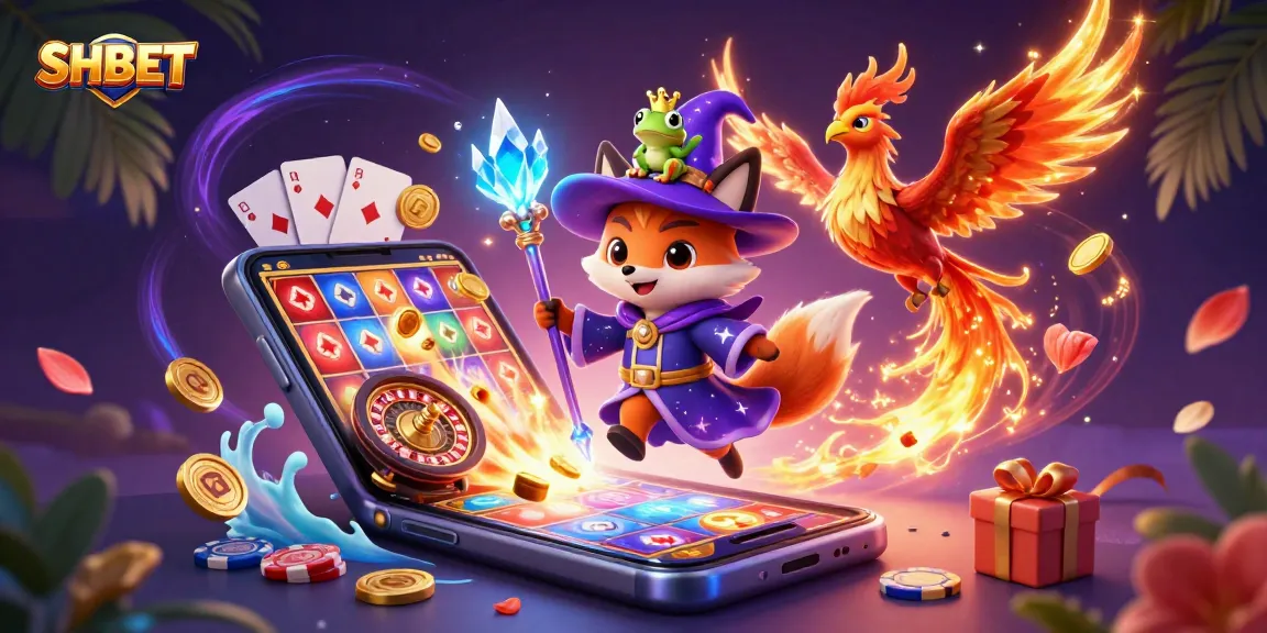 Experience thrilling gaming moments with SHBET, featuring a mystical wizard fox and vibrant casino elements.