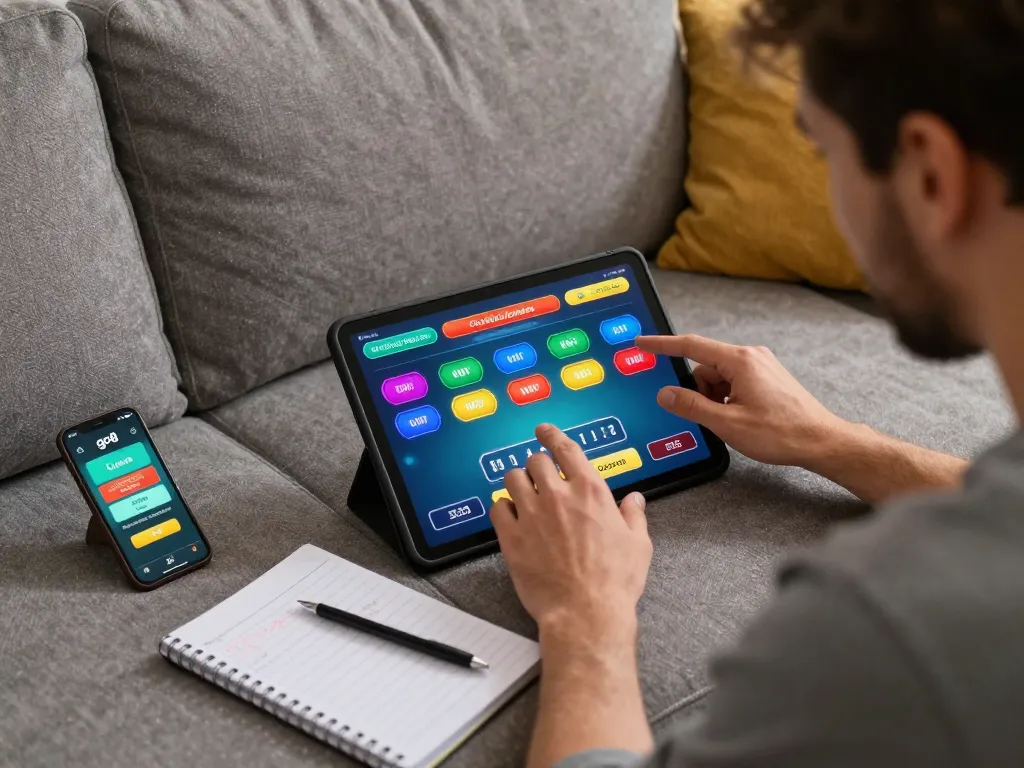 Player enjoying an engaging experience using the go8 app for online gambling on a cozy tablet setup.