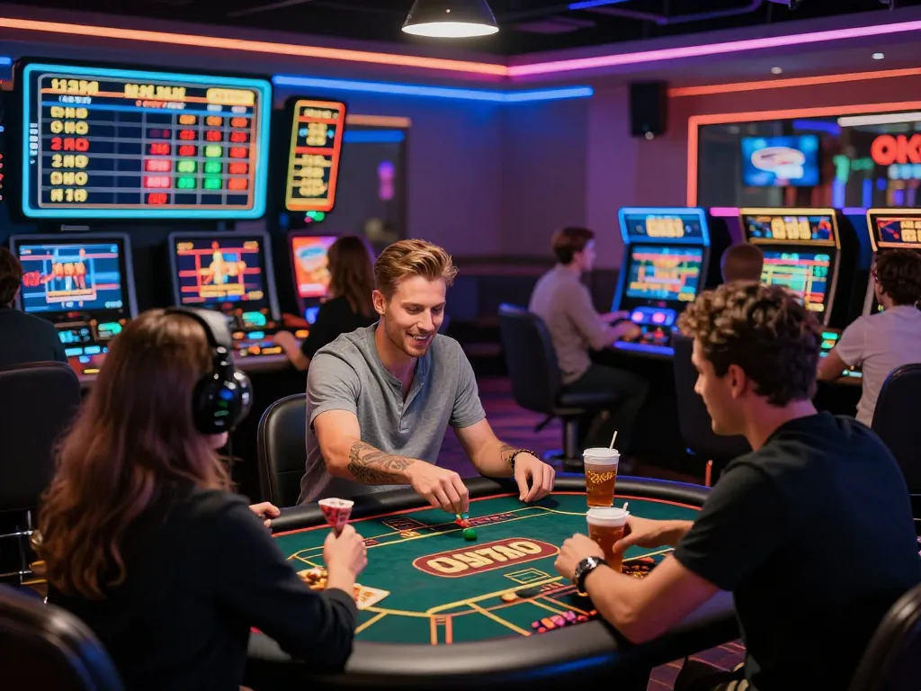 Excited players at Oke179 online casino enjoying vibrant games and sports betting.