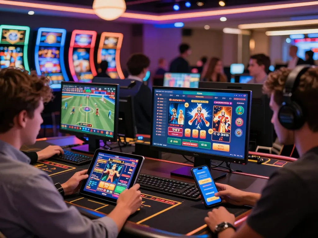 Engaging scene of diverse players at a nhà cái uy tín online, experiencing vibrant gambling activities and promotions.