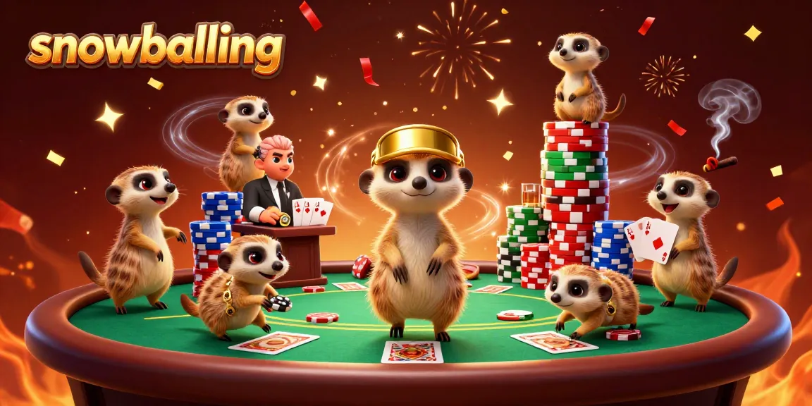 Snowballing meerkats hosting a vibrant casino scene, showcasing poker action and colorful chips.
