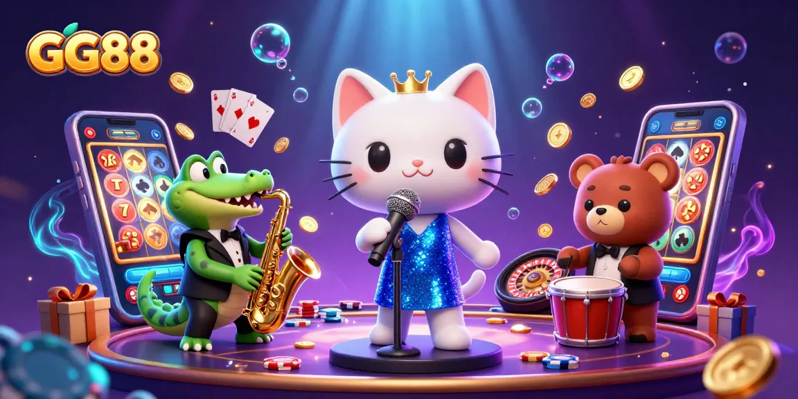 Experience vibrant gaming with GG88's dynamic casino illustration featuring engaging characters and rich slot game elements.