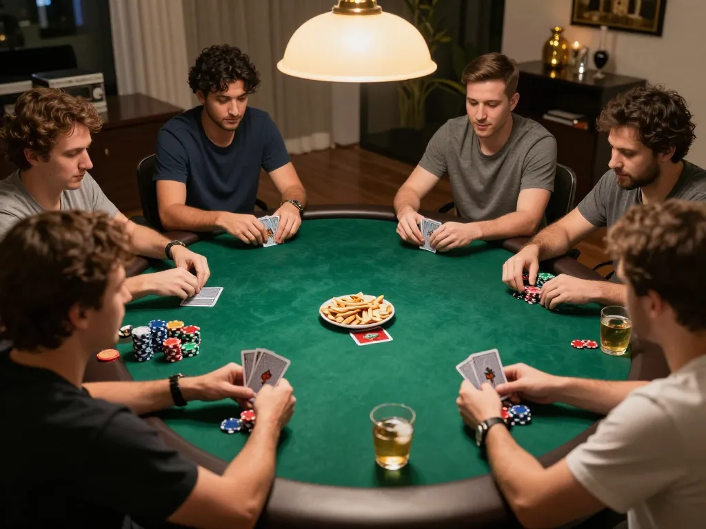 Players enjoying a competitive home poker game at 23win setting, showcasing strategic gameplay.