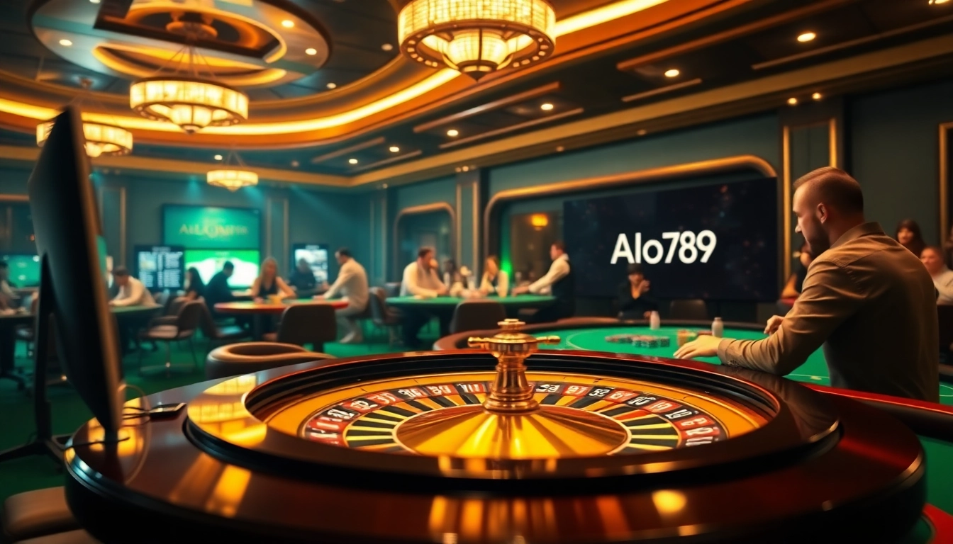 Alo789 players enjoying an engaging game at a luxurious casino table with vibrant colors and casino elements.