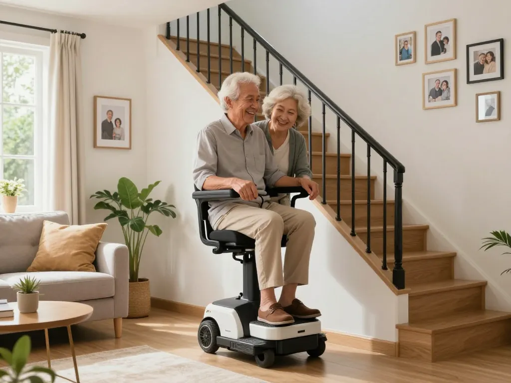 Smiling elderly couple using a stairlift in a cozy home setting, showcasing accessibility and comfort.