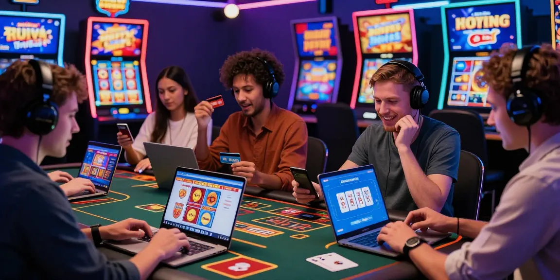 Exciting online gambling scene with players enjoying credit card casinos featuring Visa and Mastercard transactions.