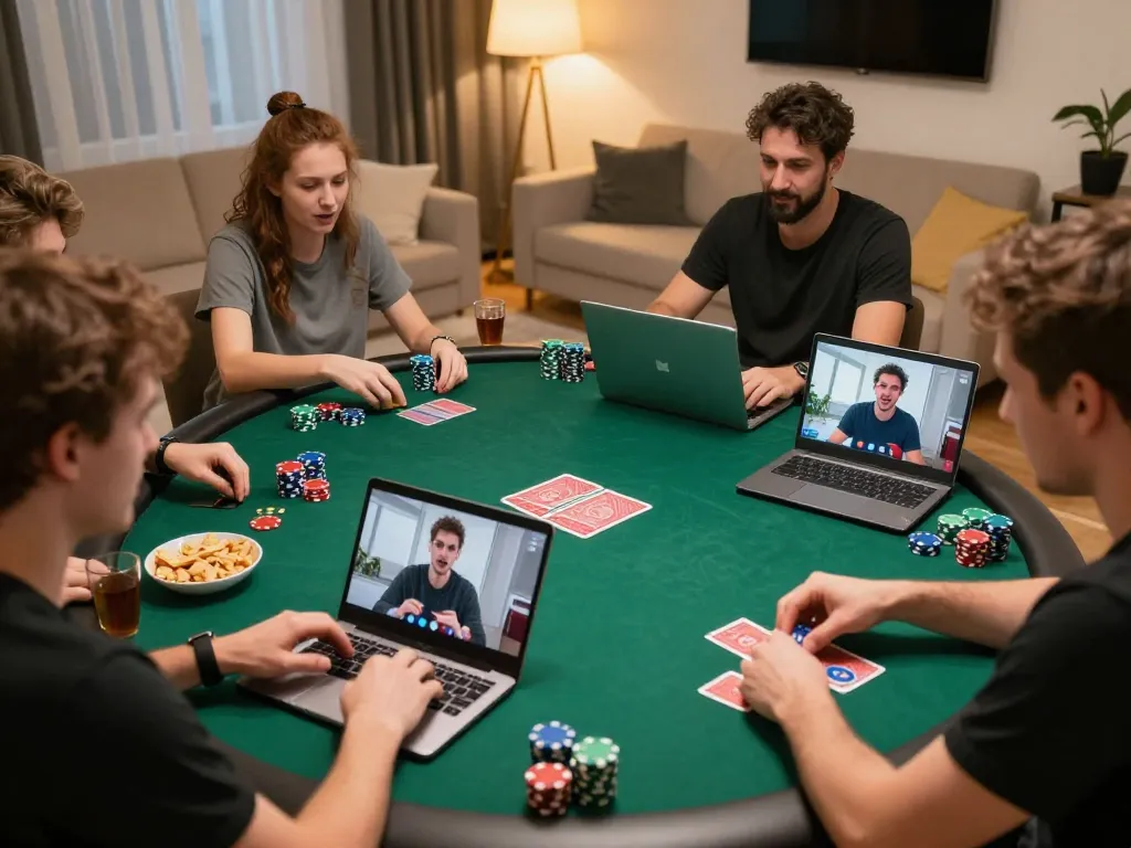 Players enjoying an engaging online poker game at home with 7m strategy in action.