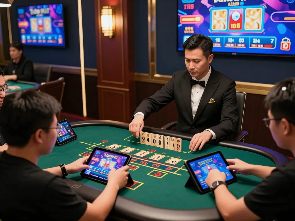 Xóc Đĩa gaming in an online casino with players engaging on tablets and a professional dealer.