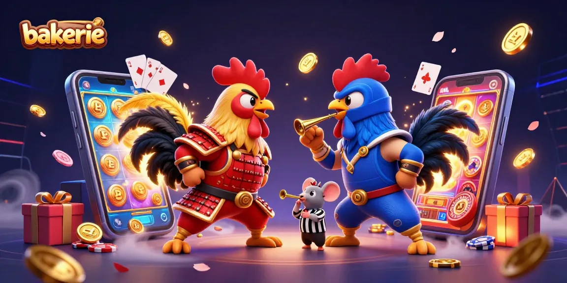 Experience the thrill of gambling at bakerie with animated roosters in combat amid vibrant casino elements.