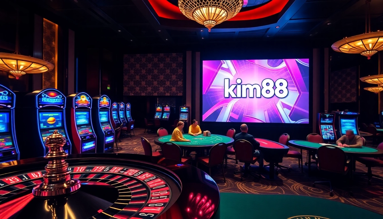 A stylish casino scene showcasing players enjoying the kim88 game at slot machines and blackjack tables, radiating excitement.