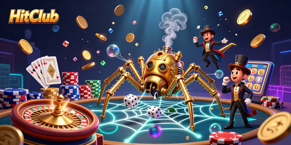 Experience thrilling gameplay at HitClub with a steampunk spider trapping dice in a sparkling casino web.