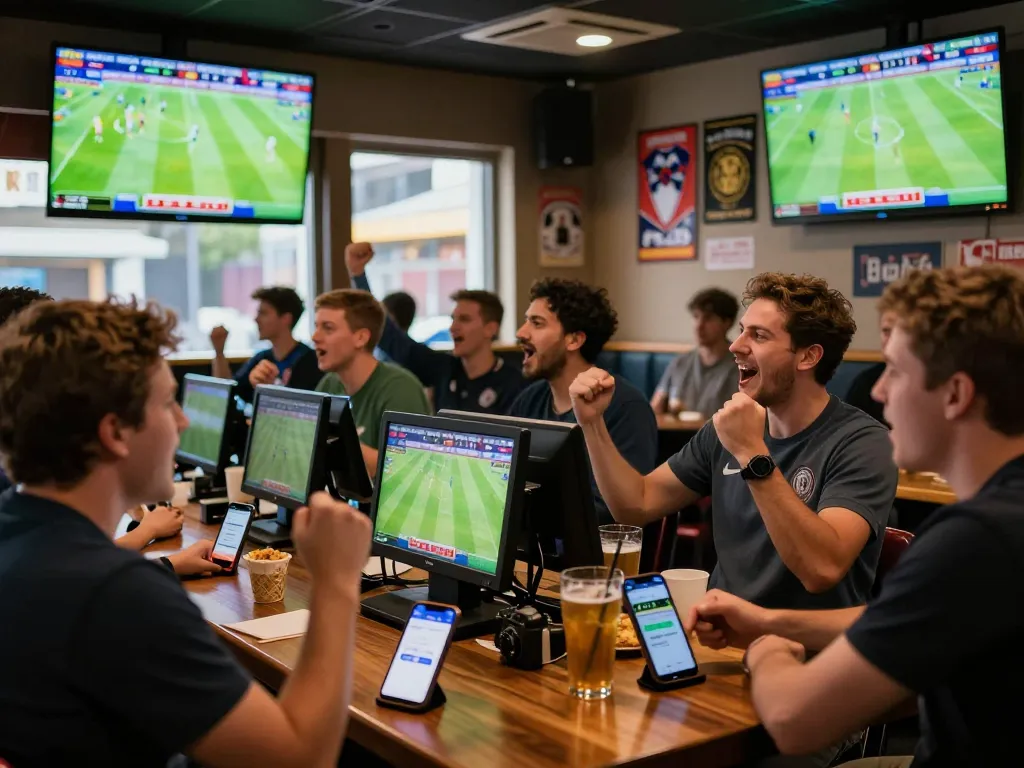 Exciting sports bar scene with fans engaging in keonhacai betting during a live football match.
