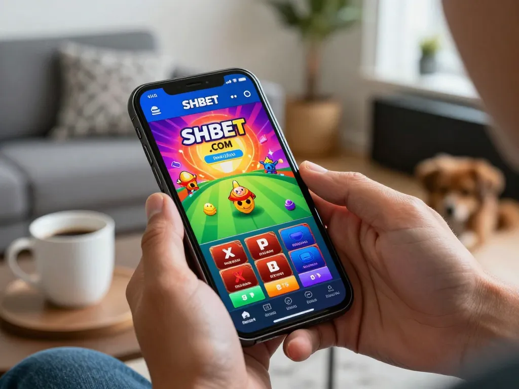 Engaging gaming moment on SHBET .COM app, person focused on mobile casino gameplay in a cozy setting