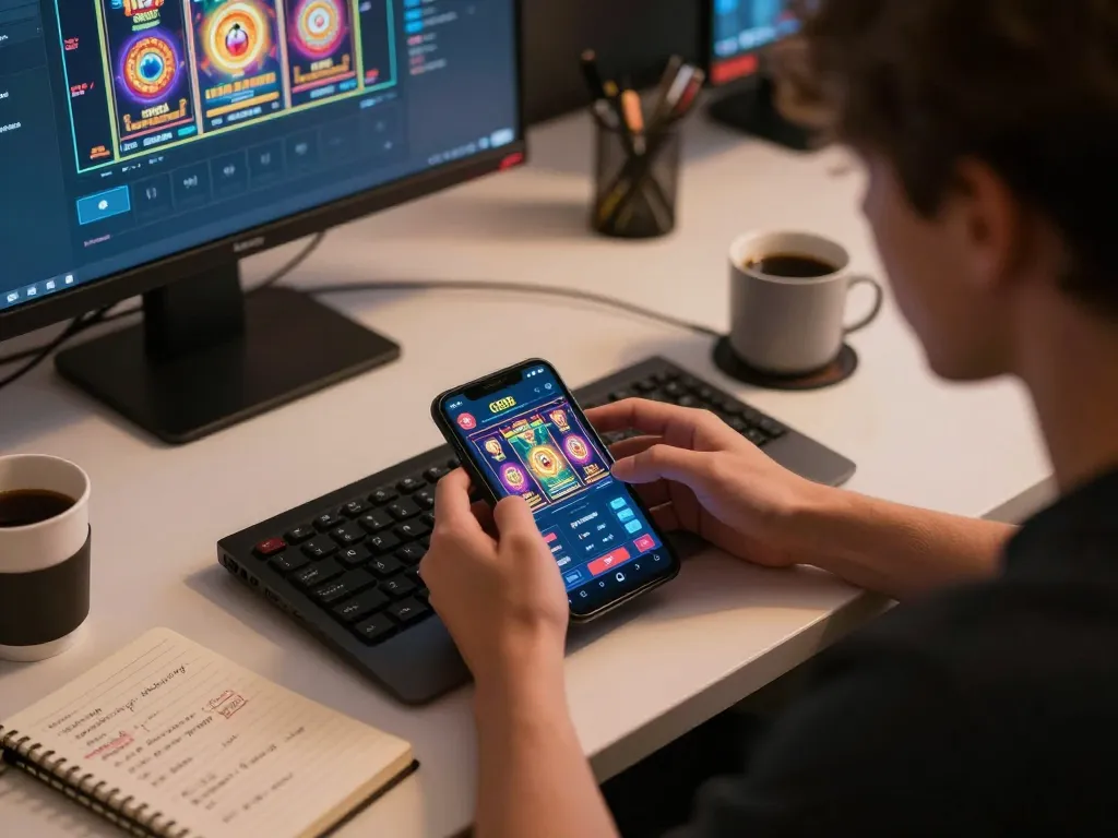 Engaging with GG88 mobile app showcasing exciting slot games in a cozy home environment.