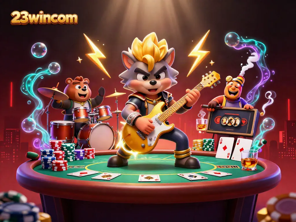 Engage with 23wincom as the cartoon wolf rocks out on stage amidst poker excitement!