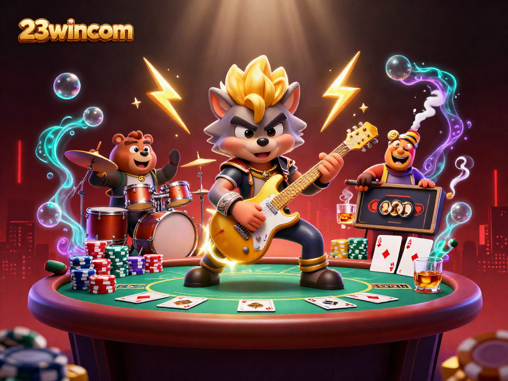 Engage with 23wincom as the cartoon wolf rocks out on stage amidst poker excitement!