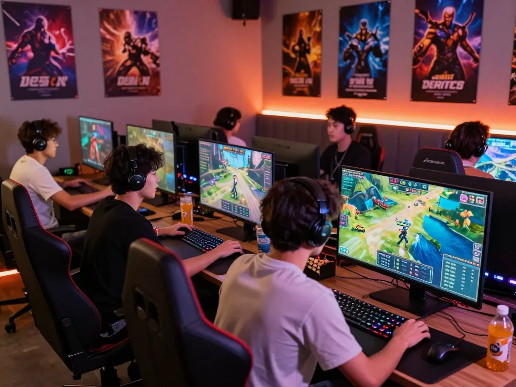 Exciting hit club gaming session with diverse players surrounded by vibrant graphics and modern setup.