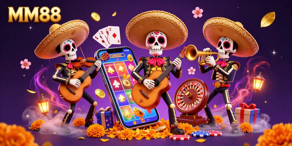 Experience the vibrant MM88 casino scene with lively skeleton musicians and dynamic slot gaming elements.