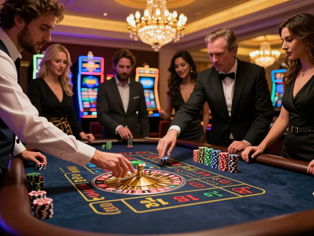 Player placing a calculated bet at the roulette table in a vibrant casino with chips stacked in front, engaging with friends in an exciting atmosphere