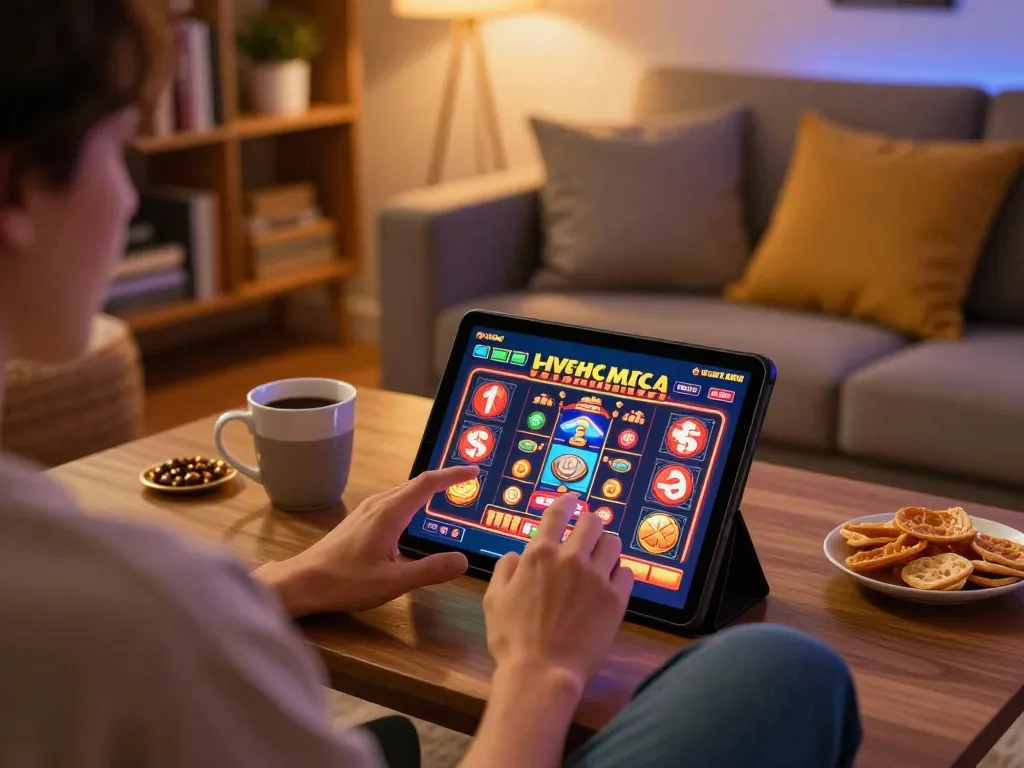 Engaging scene where users tải hitclub and enjoy online slots on a tablet in a cozy living room.