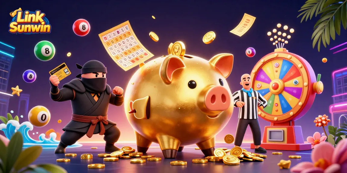 Engage with Link Sunwin in a dynamic casino scene featuring a golden piggy bank sumo wrestler.