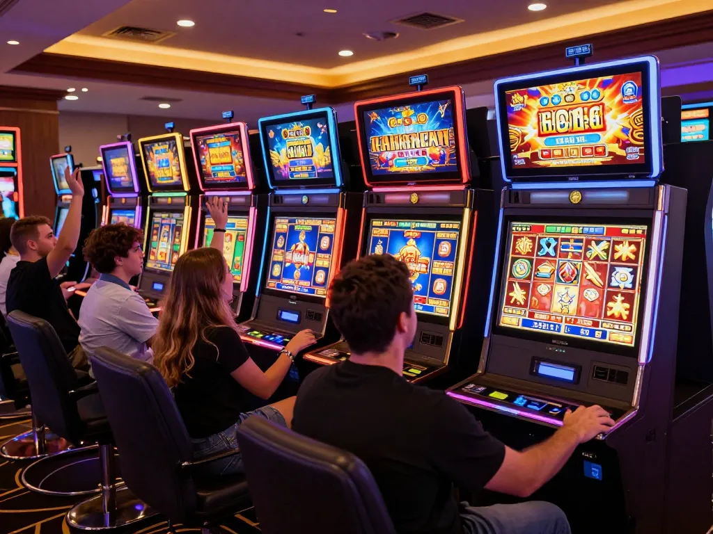 Engaging players enjoying Slot Malaysia offerings at vibrant online casino, celebrating wins.
