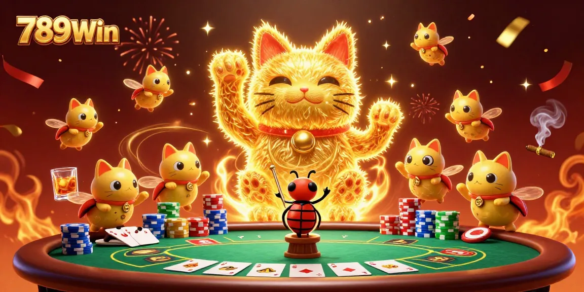 Experience the magic of 789Win as golden fireflies create a giant lucky cat at an energetic casino scene.