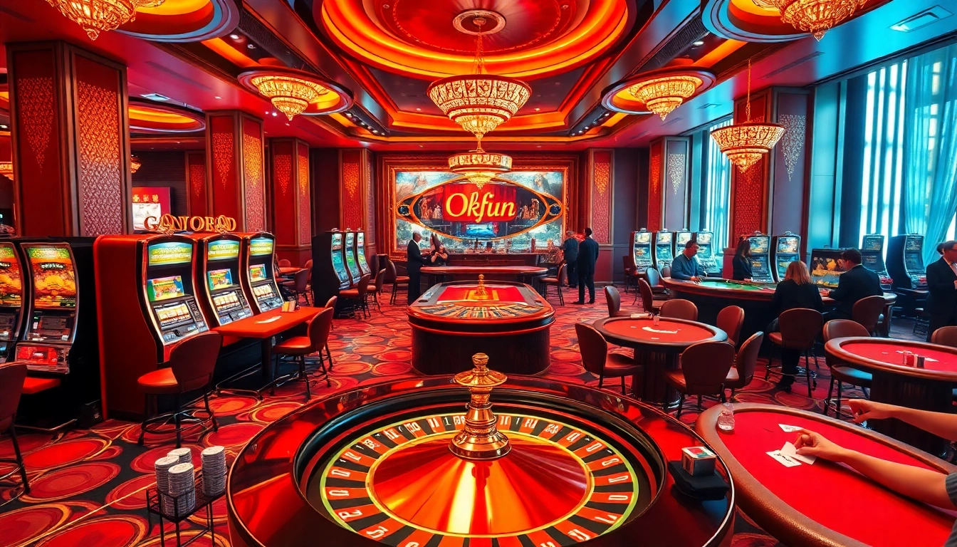 Engaged players enjoying games at okfun casino with vibrant slot machines and poker tables.