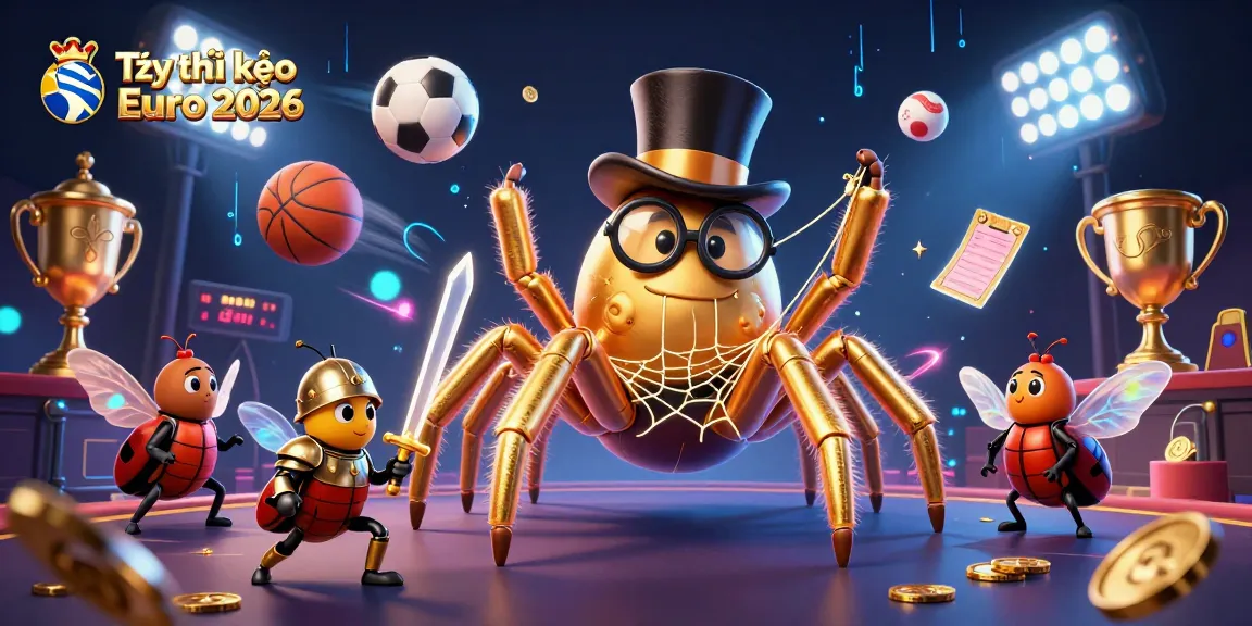 Tỷ lệ kèo Euro 2026 illustration showcasing a vibrant scene with a golden tarantula, beetle knight, and sports elements.