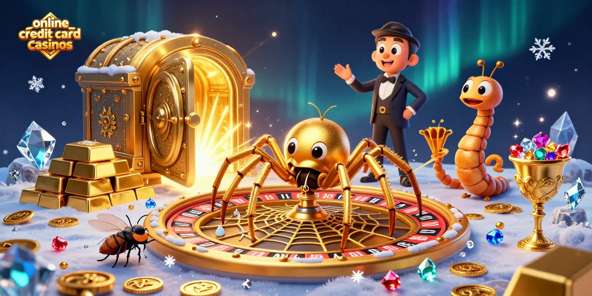 Engage with online credit card casinos featuring a lively scene with characters, gold treasures, and vibrant gameplay.