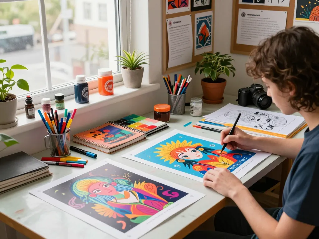 Artist designing vibrant poster printing in colorful workspace