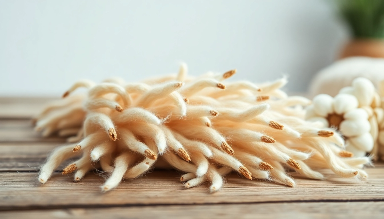 Katoen vezels zorgvuldig gerangschikt op een houten tafel met een natuurlijke uitstraling.