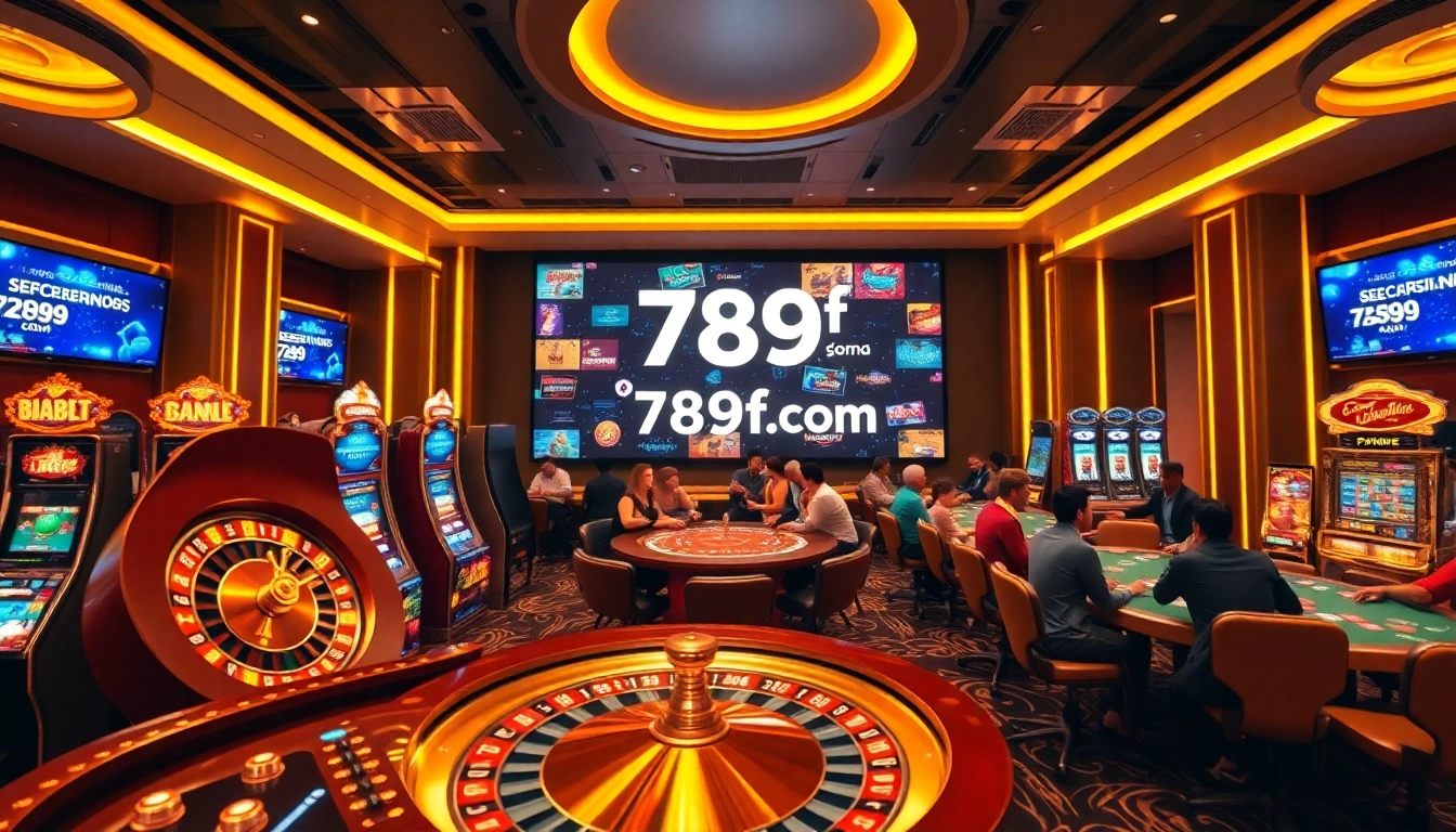 Exciting casino atmosphere at 789f.com with roulette wheel and poker tables.
