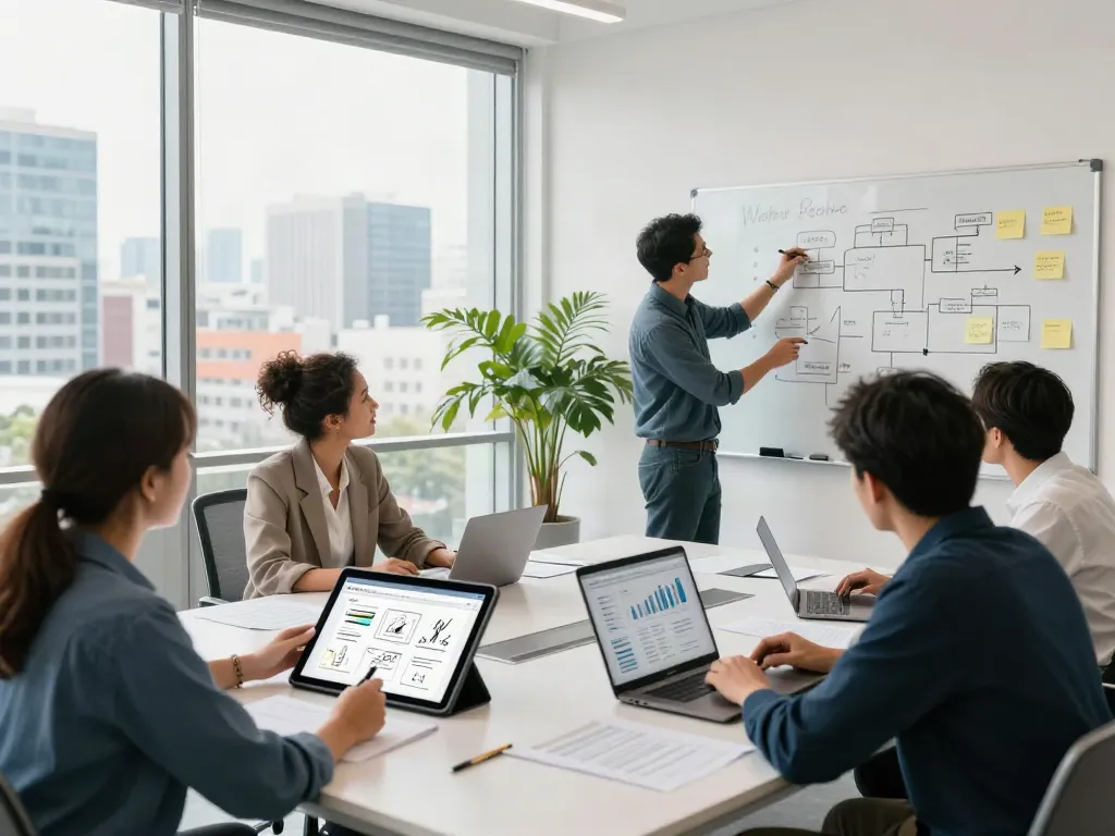 A diverse team collaborating on a new company website project in a bright office.