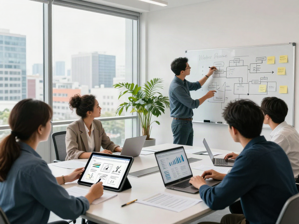 A diverse team collaborating on a new company website project in a bright office.