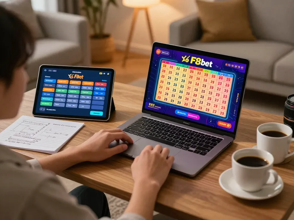 Engaging player exploring Xổ số F8bet lottery options on laptop at home.