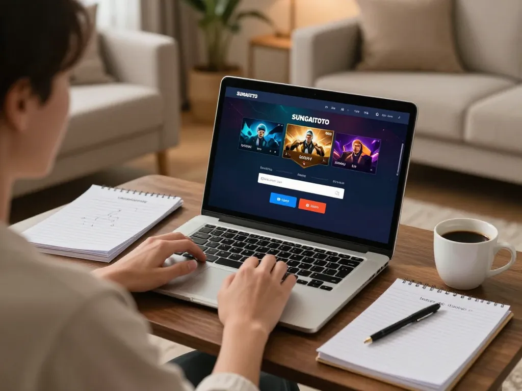 sungaitoto login on laptop while enjoying a cozy home gaming experience with strategy notes